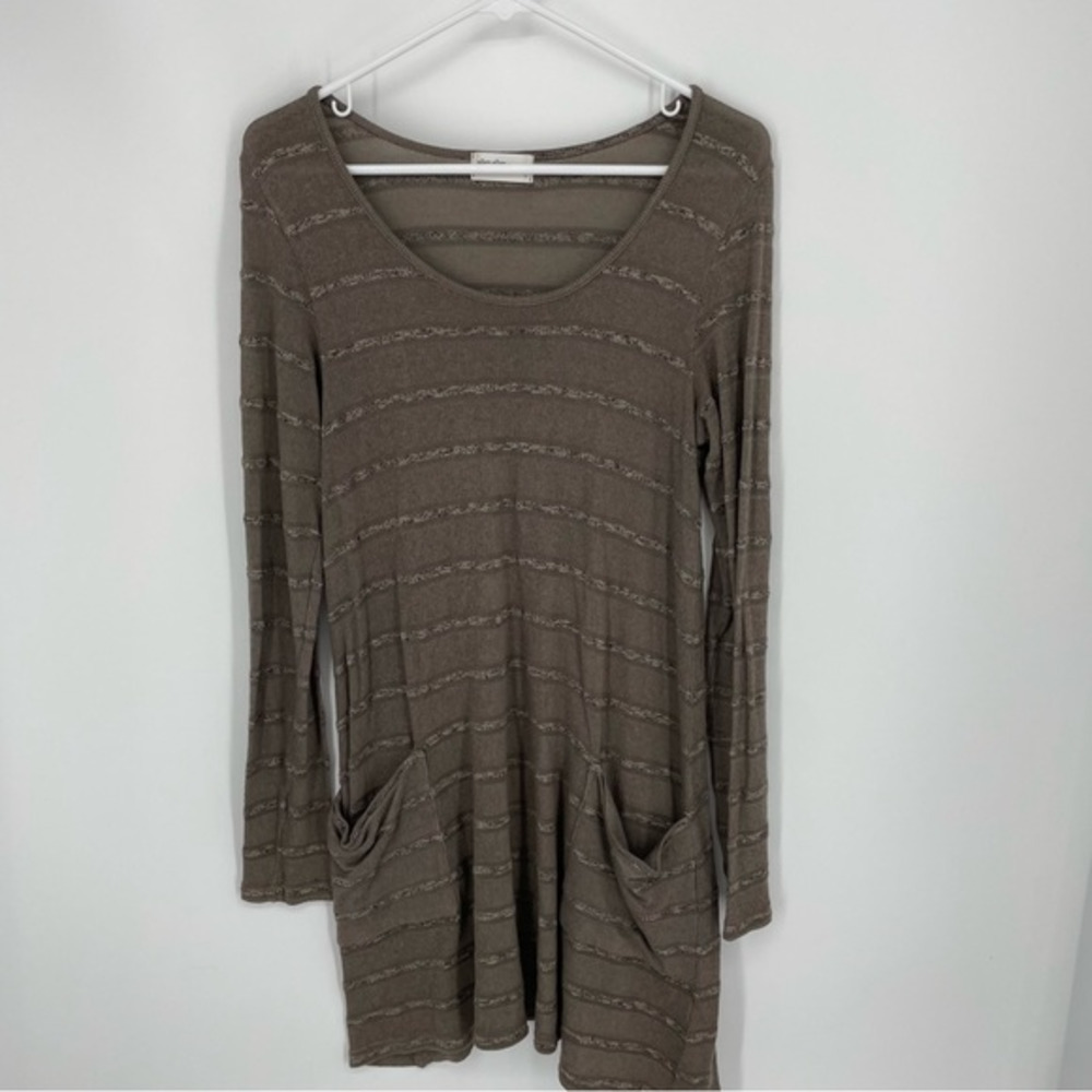 Allen Allen Women's S Small Brown Khaki Striped Long Sleeve Knit‎ Dress Pockets